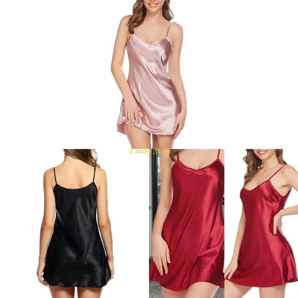 

N58F Women's Satins Cami Slip Mini Dress V Neck Chemise Nightgown