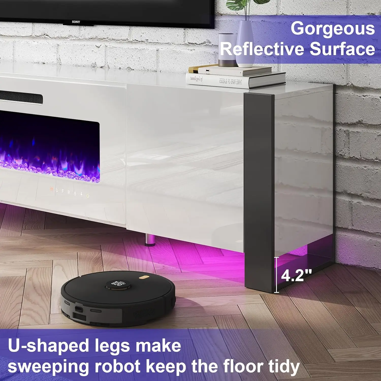 U-Shaped Legs 70" Fireplace TV Stand, Mirrored Finish Media Console with 36" Electric Fireplace, Modern LED Lights Storage Enter