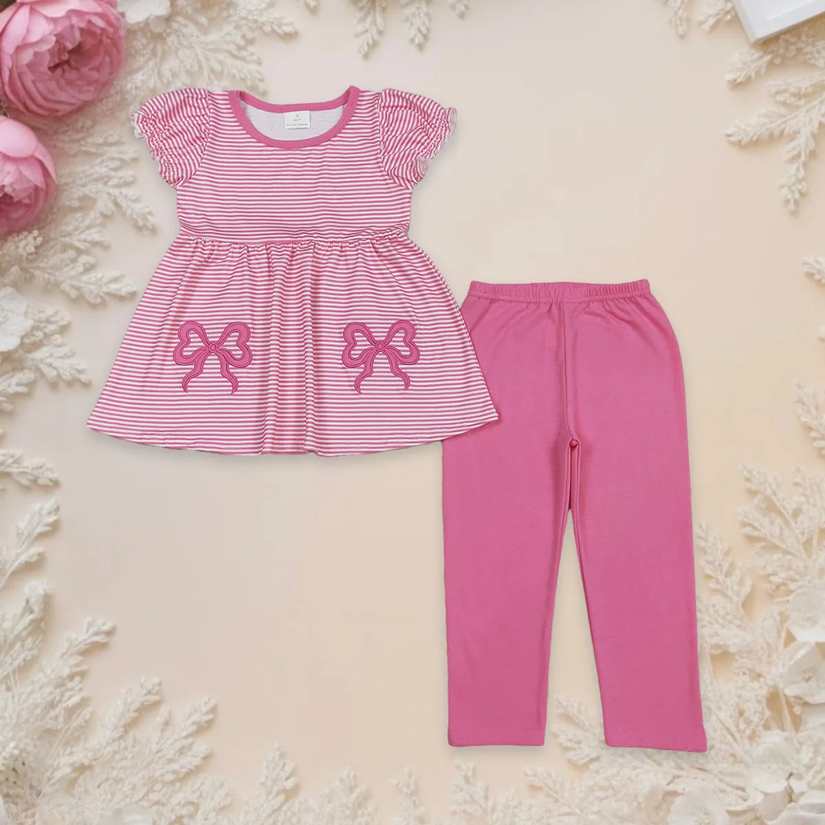 

Toddler Baby Girl Clothes Embroidery Bows Kids Sets Infant Short Sleeve Stripe Tunic Shirt Leggings Pants Outfit Child Clothing