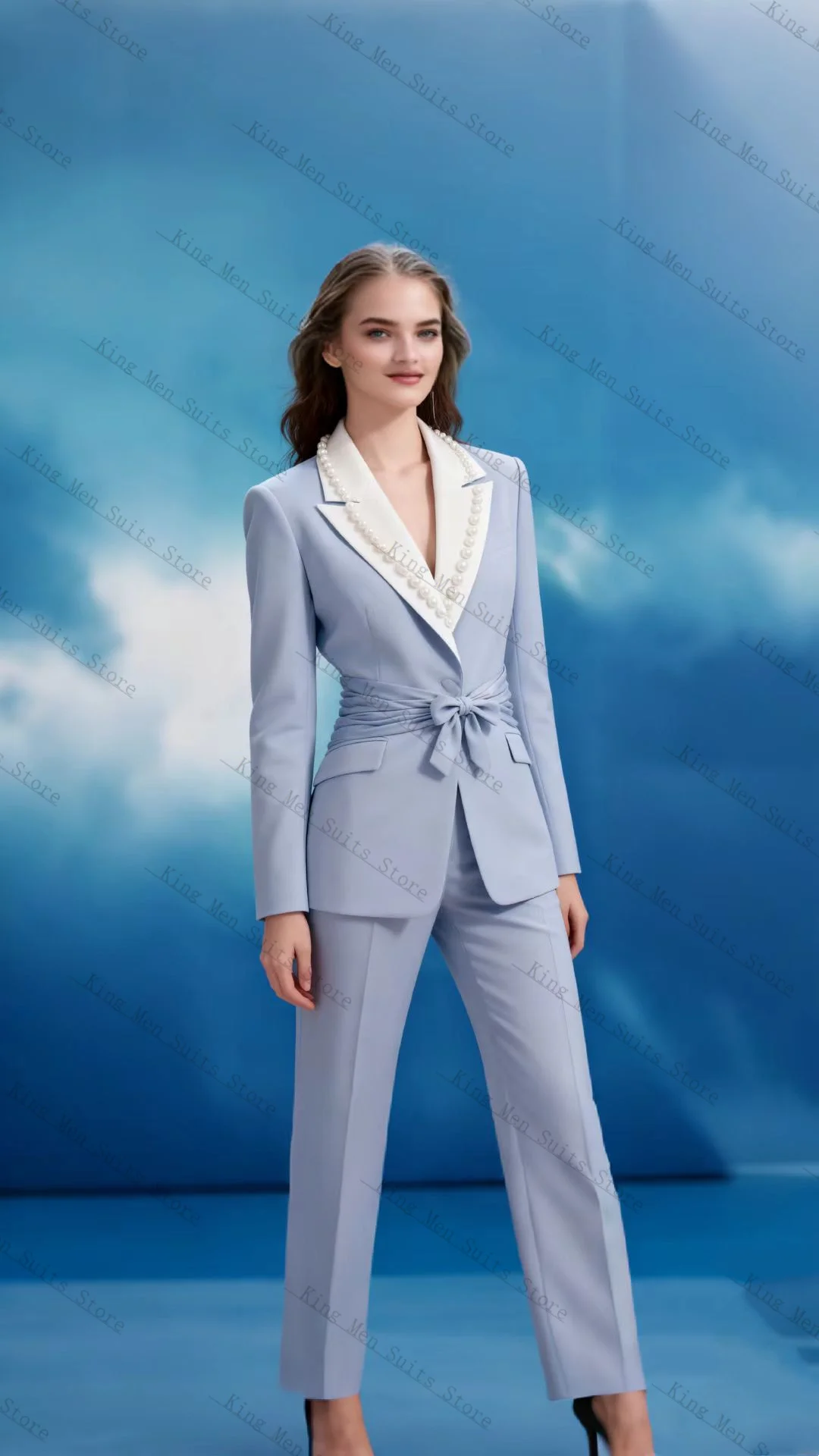 

Light Blue Women Suits Set 2 Piece Blazer+Pants Bow Belted Cotton Customized Office Lady Jacket Autumn Spring Prom Wedding Coat