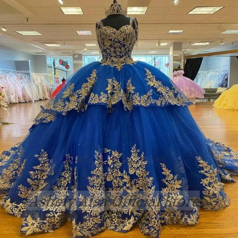 Customized Luxury Blue Quinceanera Dresses V Neck Gold Lace Applique Beading Sweet 15 16 Party Prom Dress Vestido De xv Anos