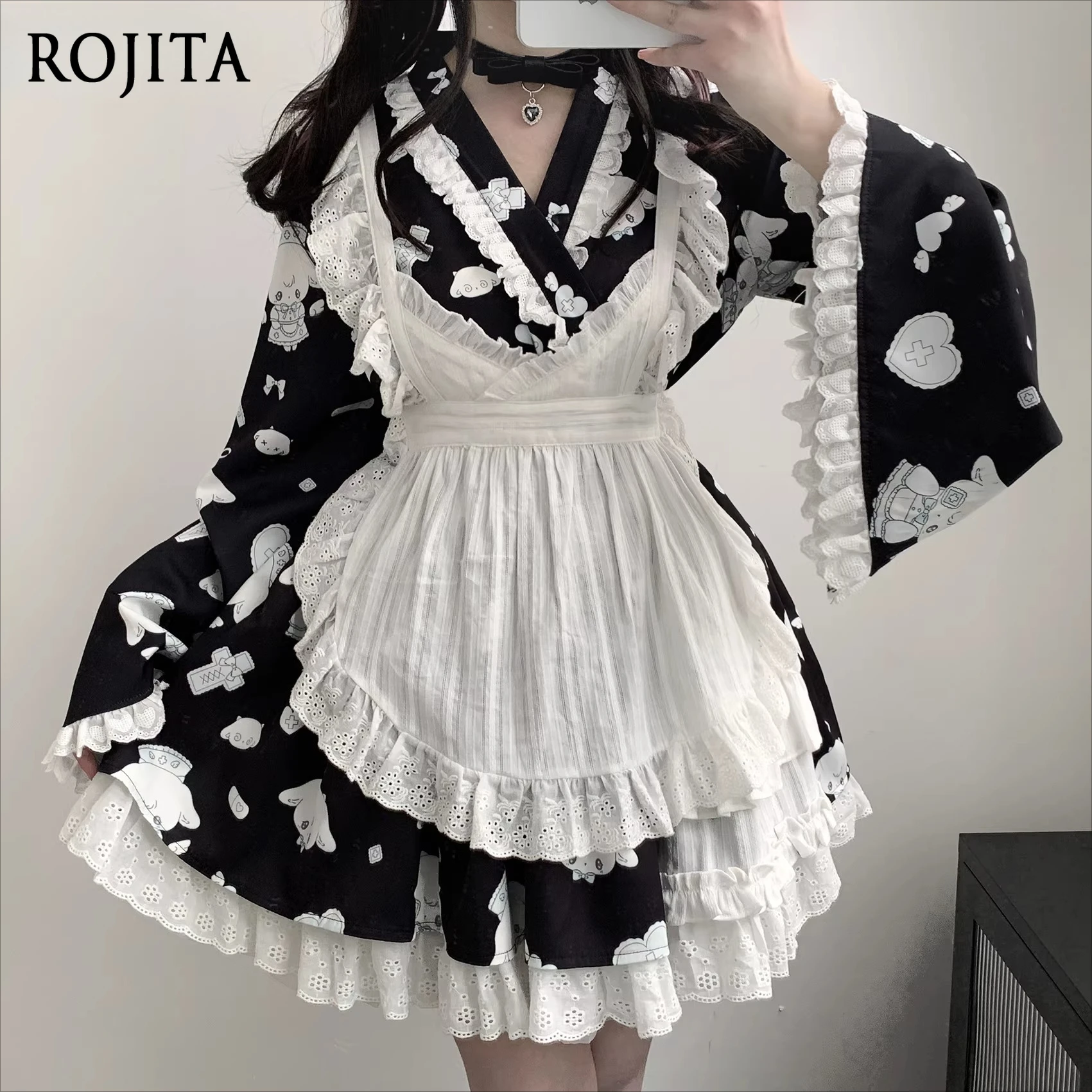 

Kawaii Print Three Piece Set Lolita Fashion Outfit Flare-sleeve Blouse Matching Mini Skirt and A Delicate Lace-trimmed Apron