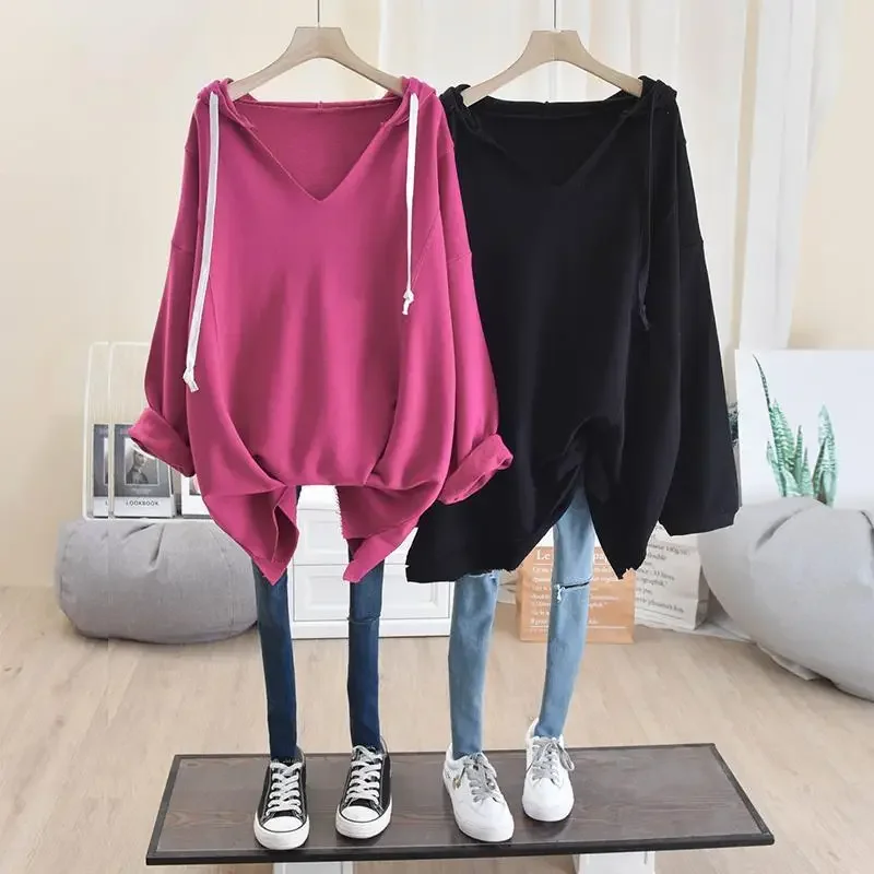 Korean Style Casual Long Sweatshirts Oversize Spring Female Clothing V-neck Drawstring Solid Color Long Sleeve Pullovers Ladies