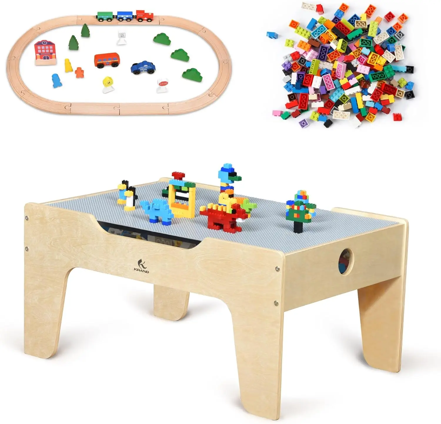 Mesa de juegos de actividades todo en uno para niños, con 290 ladrillos de construcción y juego de trenes de madera de 30 piezas, ferrocarril, coches, pista y accesorios