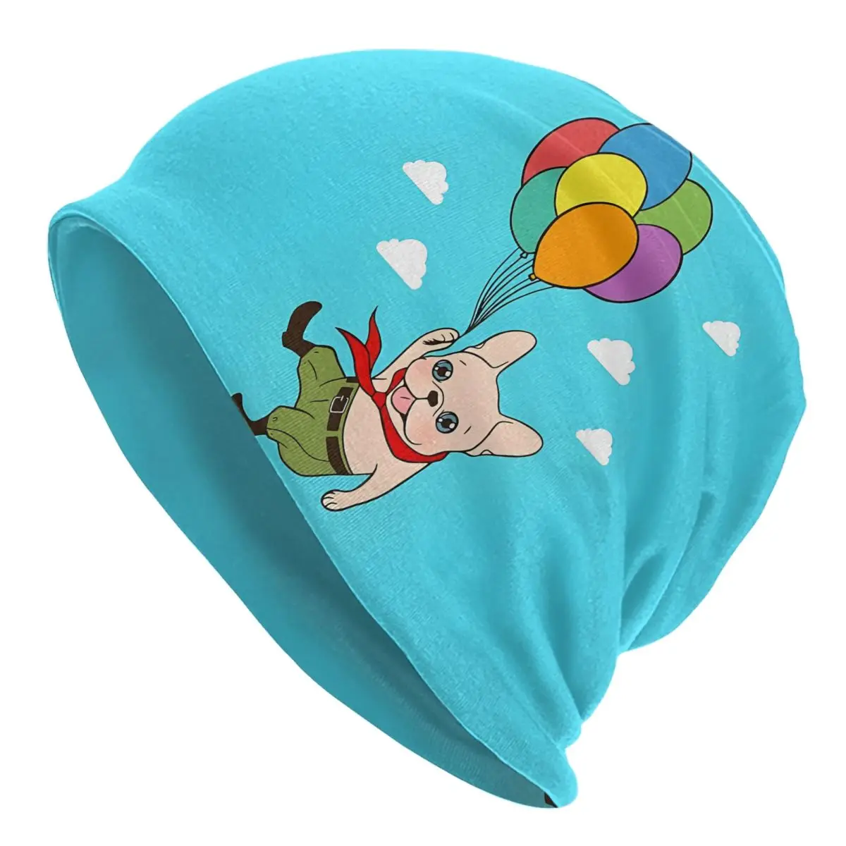 Cute Frenchie Is Flying Away With Balloons For His Adventure Autumn Female Thin Beanies Double Used Windproof Bonnet Hats