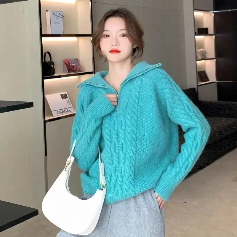 

2026 Autumn Winter New High Collar Cotton Linen Flower Knitwear Women's Outer Wear Large Size Slimming Gentle Warm Sweater Tops