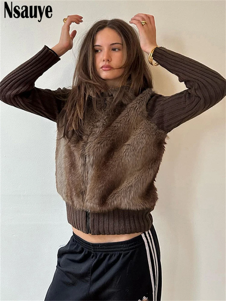 

Nsauye Women Knitted Casual Y2K Skinny Mini Long Sleeve Streetwear Sweater Cardigans Faux Fur Jacket Tops Outerwear Winter 2025
