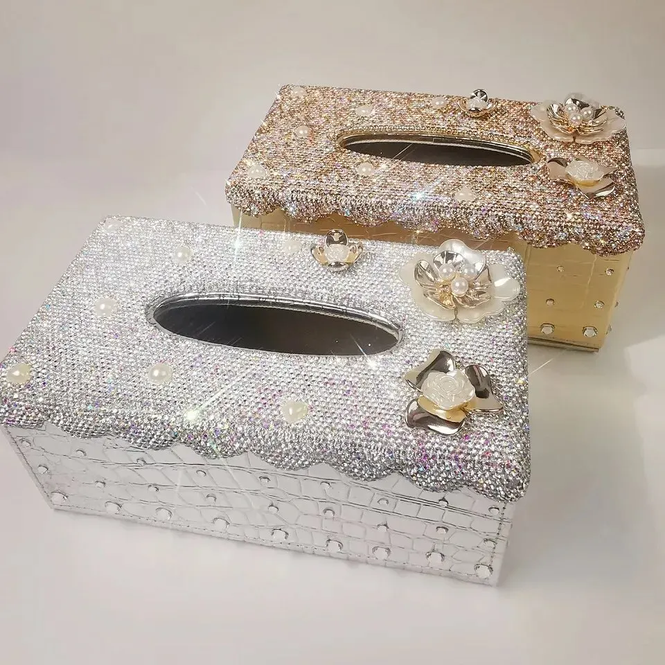 Flower Leather Car Tissue Box Home Living Room Bedroom Kitchen Desktop Large Paper Storage Box Napkin Holder with Rhinestone