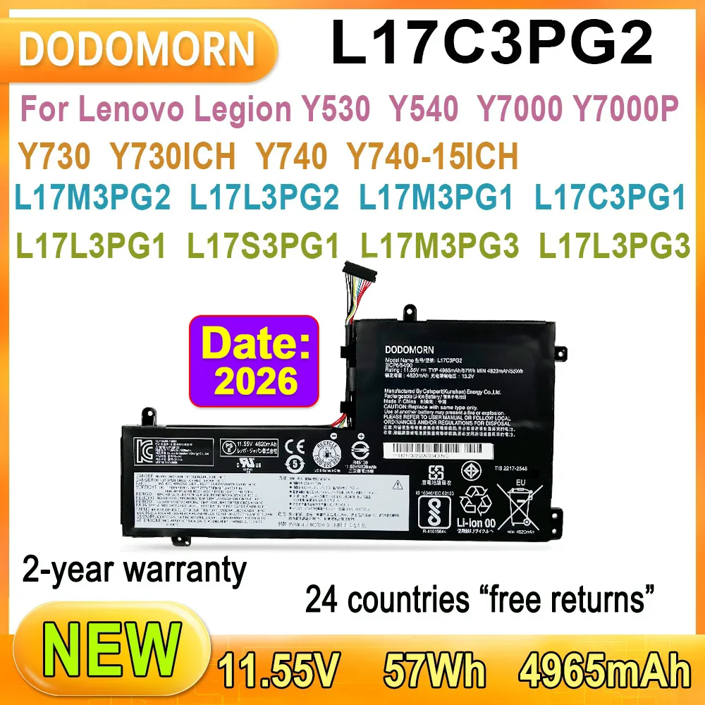 Batería para portátil Lenovo Legion Y530-15ICH,Y540,Y730 Y730-15ICH,Y740,Y7000 2018 2019, Y700P 2019 Series 52.5Wh