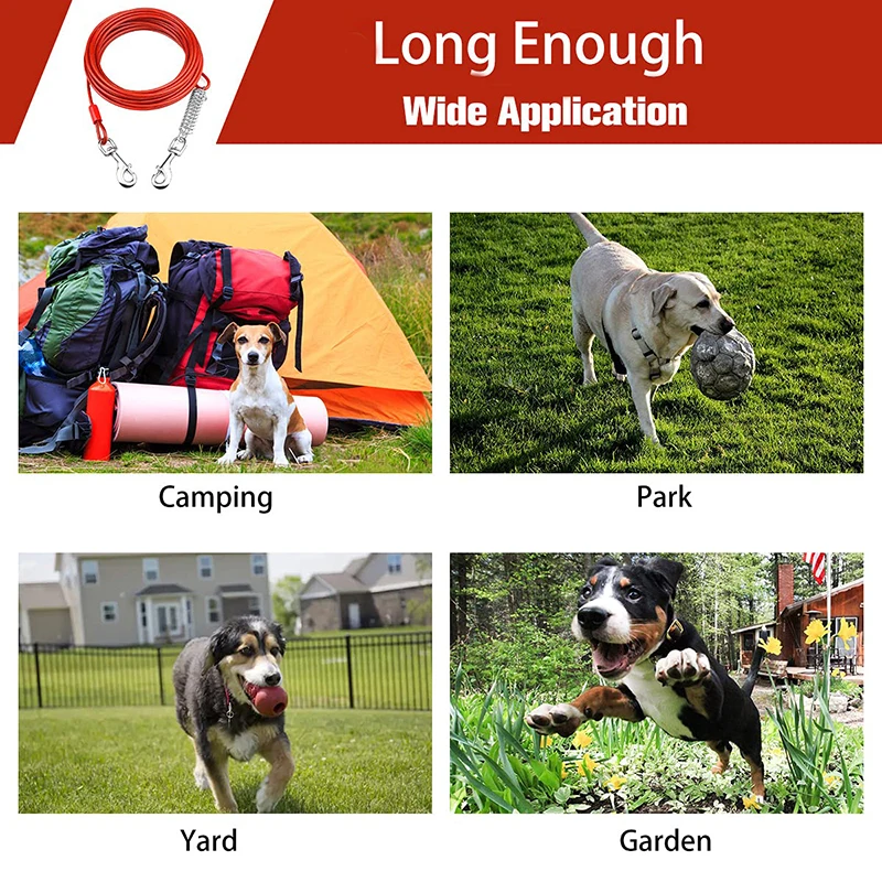 Dog Tie Out Cable with Shock Absorbing Spring Metal Swivel Hooks Steel Cable for Outdoor Yard and Campingn Traning Dogs Leash