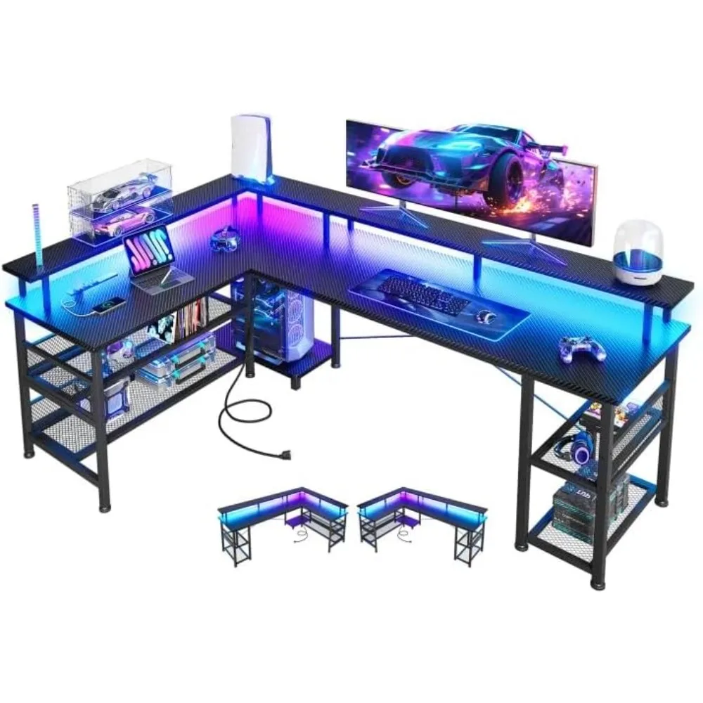 

66" L Shaped Gaming Desk with Power Outlet and LED Lights, PC Gaming Table,with Storage Shelves, L Shape Desk