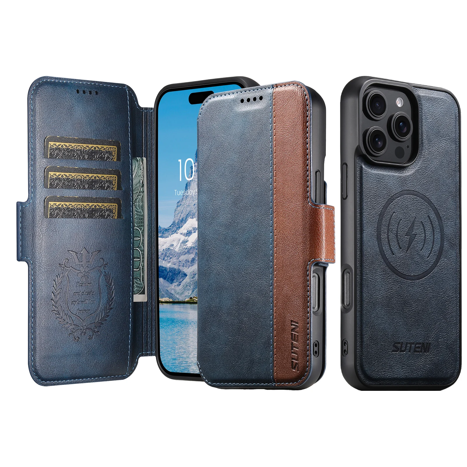 

Держатель для карт из искусственной кожи с беспроводной зарядкой и подставкой, магнитный откидной чехол для телефона для iPhone 17 Pro Max 16 Plus 15 14 13 12