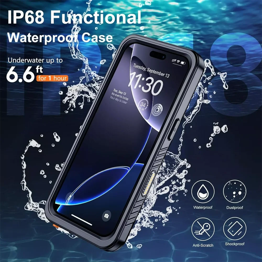 

Водонепроницаемый чехол IP68 для iPhone 16e 16 15 14 13 12 11 Pro Max XR XS Plus, металлический алюминиевый чехол для плавательного телефона, роскошный подводный чехол