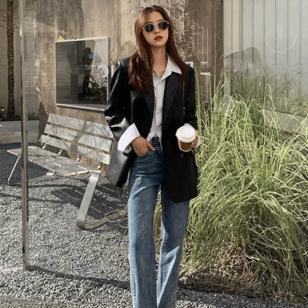 الحلو التلبيب طوق سترة جلدية المرأة ملابس خارجية الكورية شيك البدلة سترة جلدية ريترو فضفاض خمر بولي Coats معاطف الشارع الشهير #4