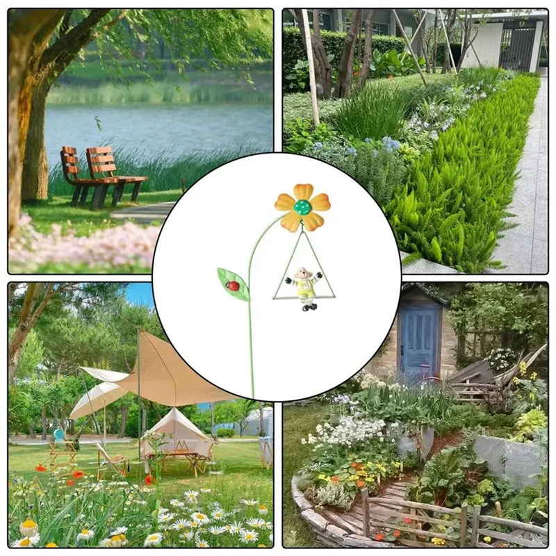 AD23-Iron Garden Flowers 6Pcs Decorative Iron Plant Stakes 10.6 Inch Ornamental Yard Stakes With Cute Animals On Swings