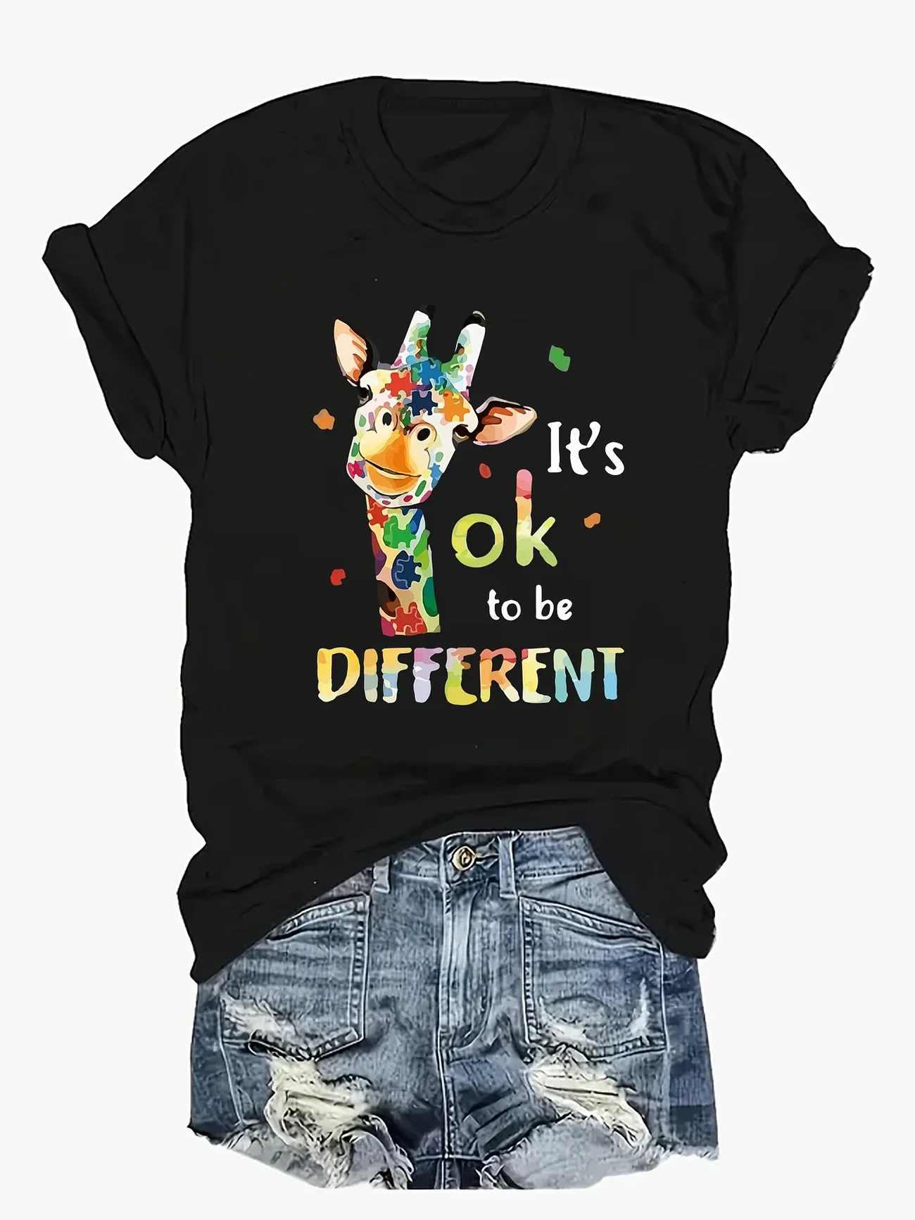 

Plus - Size Autism Awareness Graphic Tee, Short - Sleeve with “It's ok to be DIFFERENT” Print
