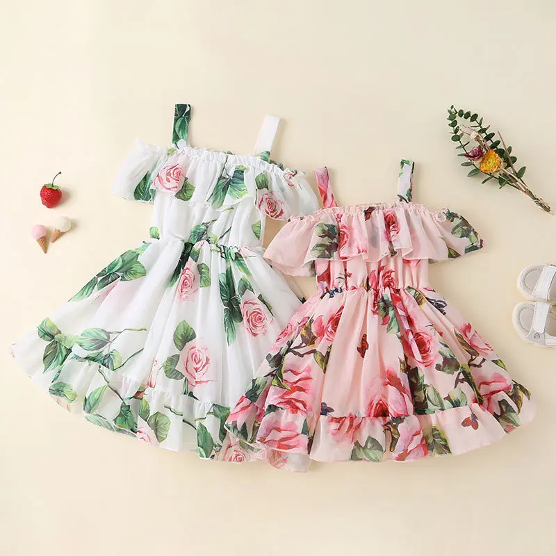 Maiden Flowers Summer Dress Cute Off-shoulder Ruffles Casual Roses Fashion Butterfly Print Children Baby Princess Flowers