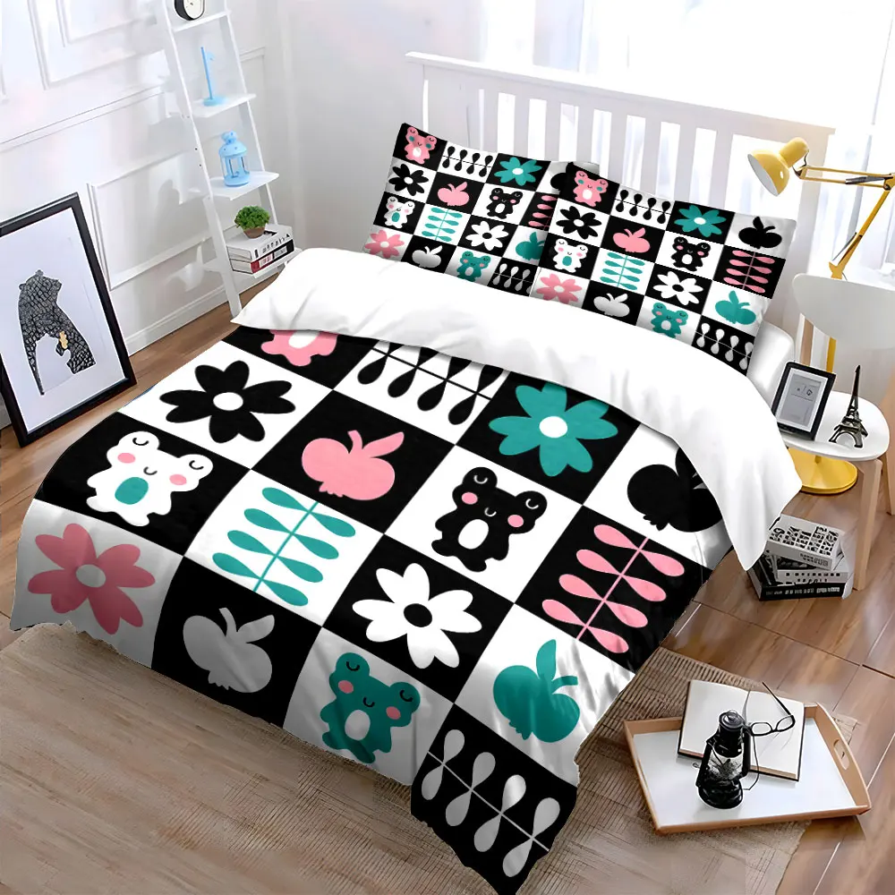 Cartoon animals and floral fruits mosaic Bedding Set for Kids Luxury Gift 3pcs Digital Print Comforter Set Soft Comfortable