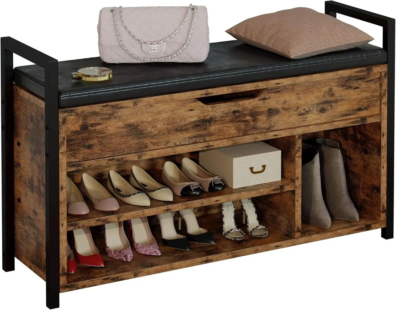 

Shoe Storage Bench Entryway Bench with Lift Top Storage Box Metal and Board Bench for Entryway 2-Tier Shoe Rack Organizer