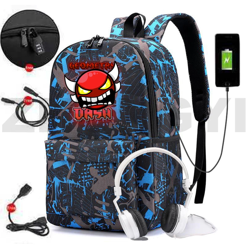 Angry Geometry Dash USB Charging Backpack Game Geometry Dash Anti Theft Big School Bags for Girls Men Laptop Business Mochila