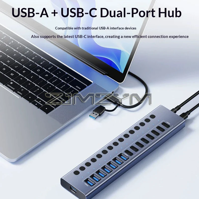 16 Port USB Hub 10Gbps Individual Switch Charging Data Transfer for PC Laptop Workstation Multi Device Expansion