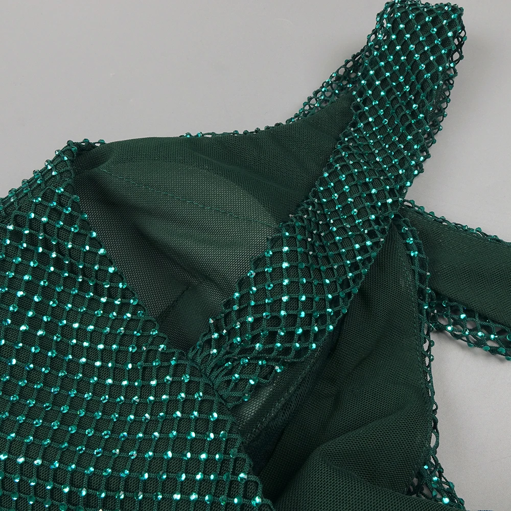 فستان طويل شبكي كريستالي أخضر زمردي - فستان بفتحة كتف واحدة لحفلات الكوكتيل الراقية وعرض السجادة الحمراء