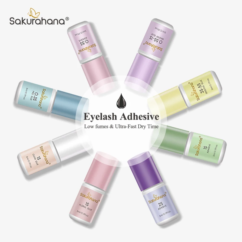 SAKURAHANA 5ml Eyelash Glue Fast Drying Lash Glue Cluster Low Odor Lashes Extension Transparent & Black 0.5-1sec Super Bonder