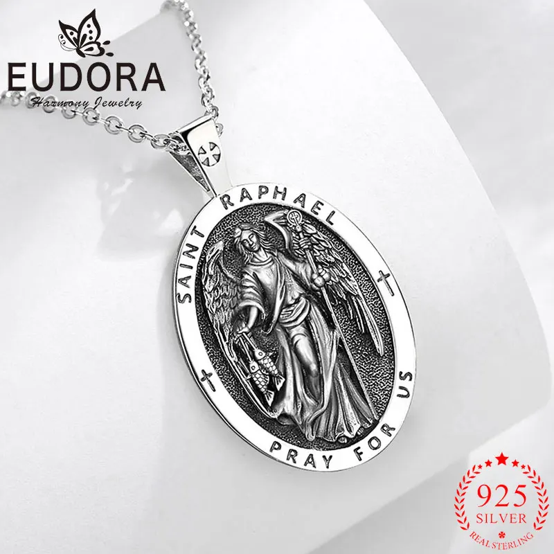 

Eudora 925 Sterling Silver Saint Raphael Necklace Archangel Amulet Cross Pendant Religious Jewelry Prayer Gift For Men Woman