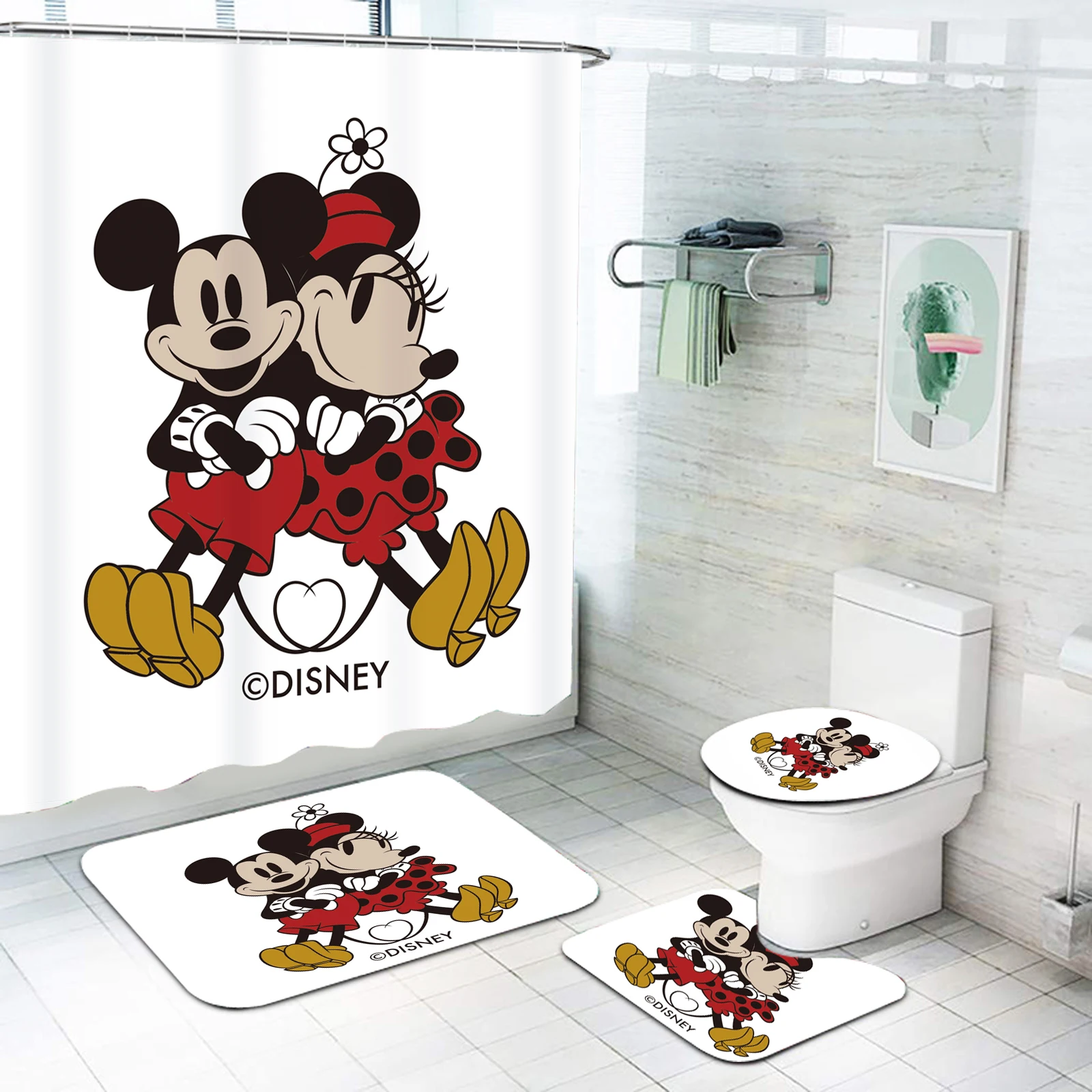 Mickey Disney Shower Bath Mats, Various Sizes, Kawaii Bathroom Cartoon, Great Gift for Kids, 100% Polyester Curtain, 4 Pcs