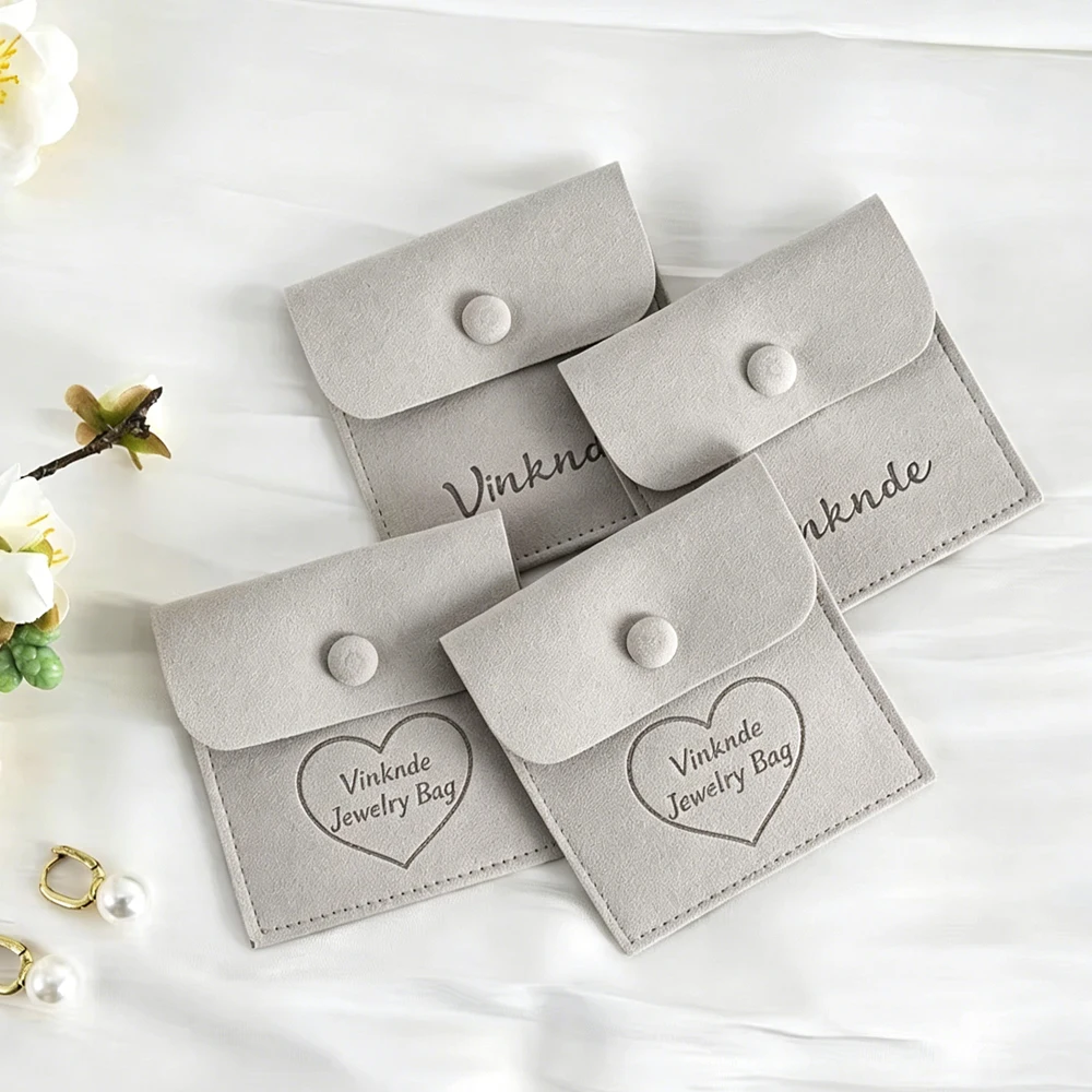 

100Pcs Custom Logo Microfiber Jewelry Pouch With Snap 8x8cm Gift Bags Small Velvet Jewellry Packaging Bag For Ring Earrings Key