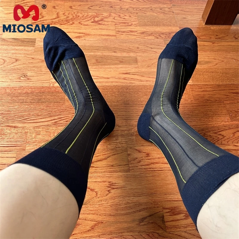 Miosam Custom Logo Striping Formal Business Thin Dress Men's Socks Nylon Knee High Comfortable Stockings