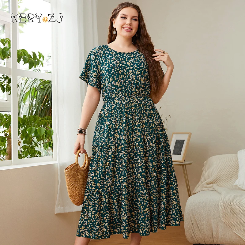 

KEBY ZJ Big Size Women's Clothing Dress Summer O-Neck Floral Print Midi Dresses Urban Elegant Casual Ladies Plus Size Long Dress