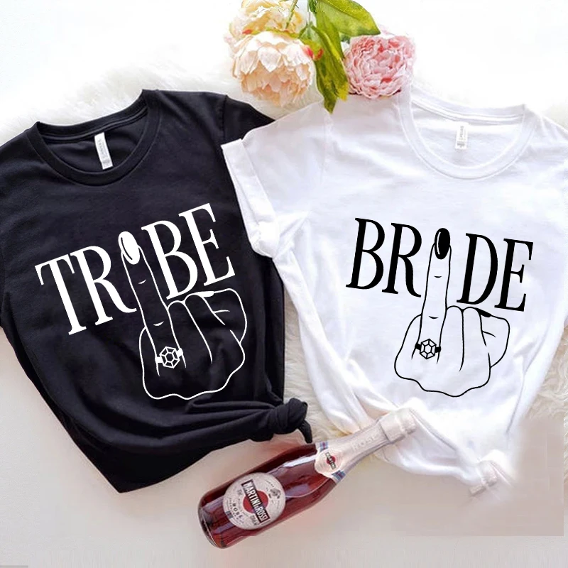 Mode Bruids Bruiloft T-Shirt Middelvinger Trouwring Tops Vrouwen Vrijgezellin Afscheidsfeest Tees Team Bruid Tops