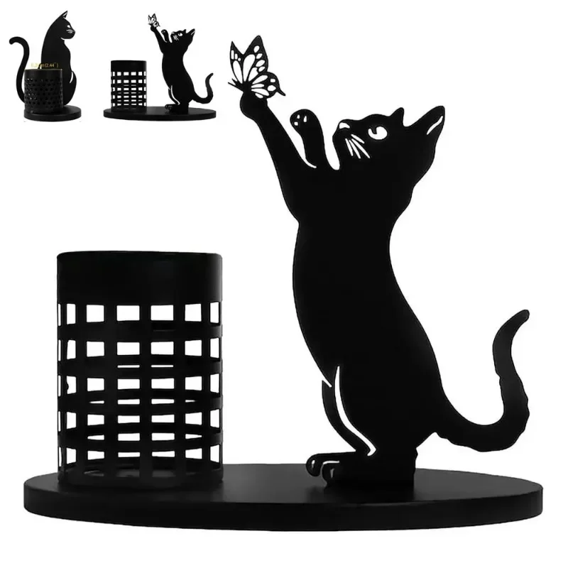 Cute Pen Container Black Portable Large Capacity Cat Pen Holder  Metal Iron Pen Pencil Holder Organizer Desk Accessories