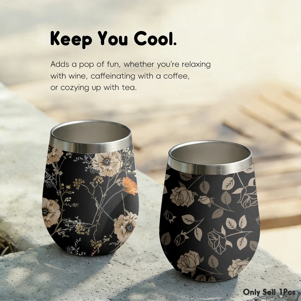 Black Background Florals Vacuum Flasks 12oz Insulated Stainless Steel Mug with Lid Double Wall Drink Coffee Cup Travel Tumbler
