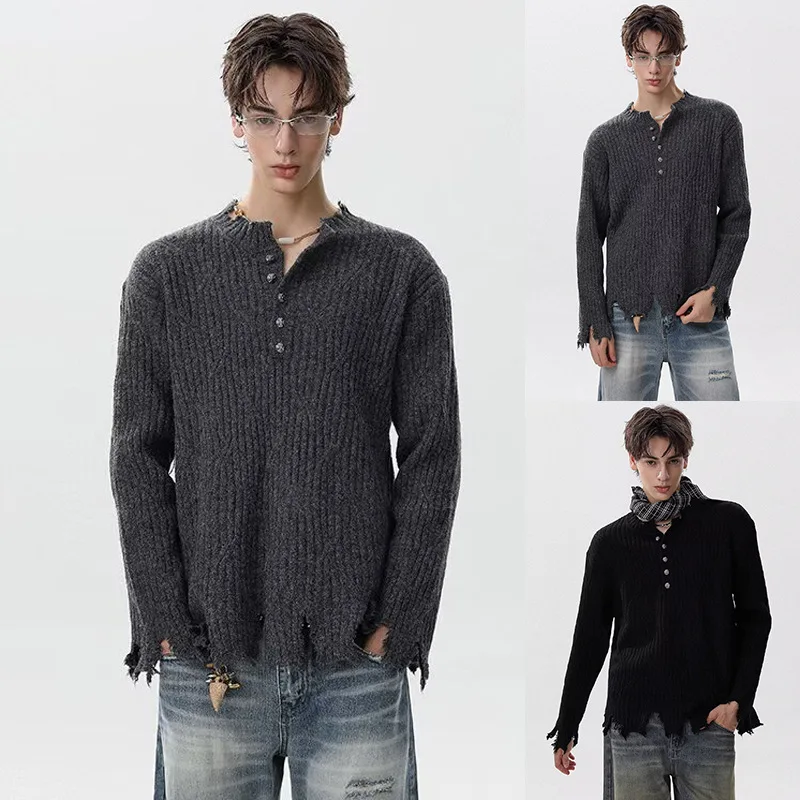 

Men's ragged and frayed henley neckline knitted sweater, vintage style, irregular autumn and winter sweater