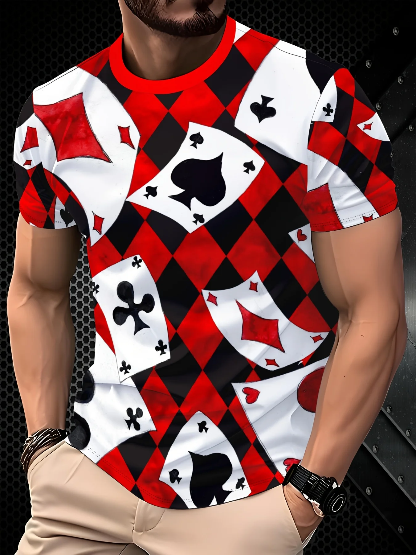 Men's Red Trim Crew Neck T Shirt 3D Poker Card Rhombus Plaid Print Casino Party Casual Street Tops