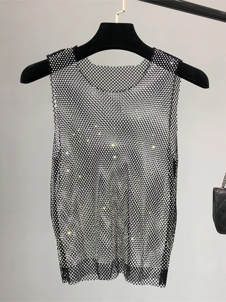 Kryształowe frezowanie błyszczące czołgi do klubu na imprezę Sexy Hollow Out diamenty tłoczenie kamizelka bez rękawów Camis Winky