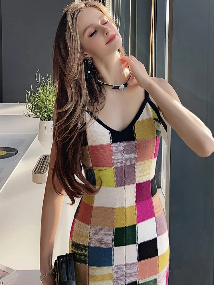 

Dabuwawa Spring Autumn Dress Female Vintage Women Colorful Checkerboard Plaid Suspended Slim Knitted Dress 2023 DM1ADR036