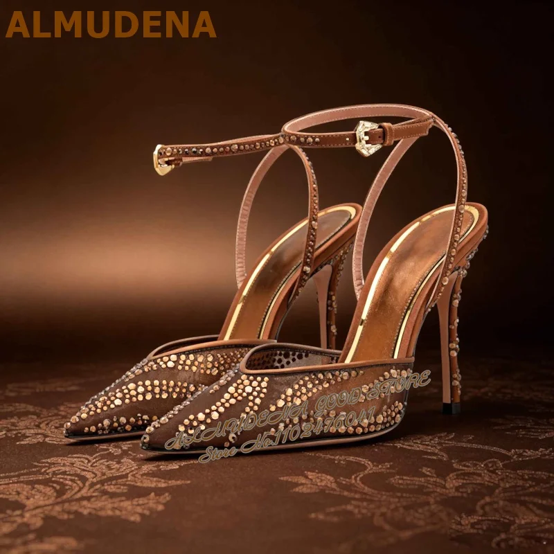 Brown Black Air Mesh Crystal High Heel Shoes Bling Bing Rhinestone Pointed Toe Wedding Pumps Ankle Buckle Strap Stilettos