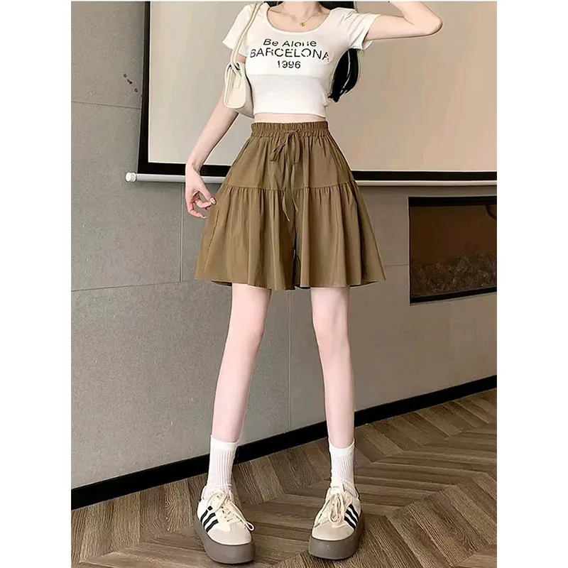 New Trendy Spring and Summer Fashion Ice Silk Loose Wide-leg Shorts for Women Large Size Korean Versatile Casual Strap Shorts
