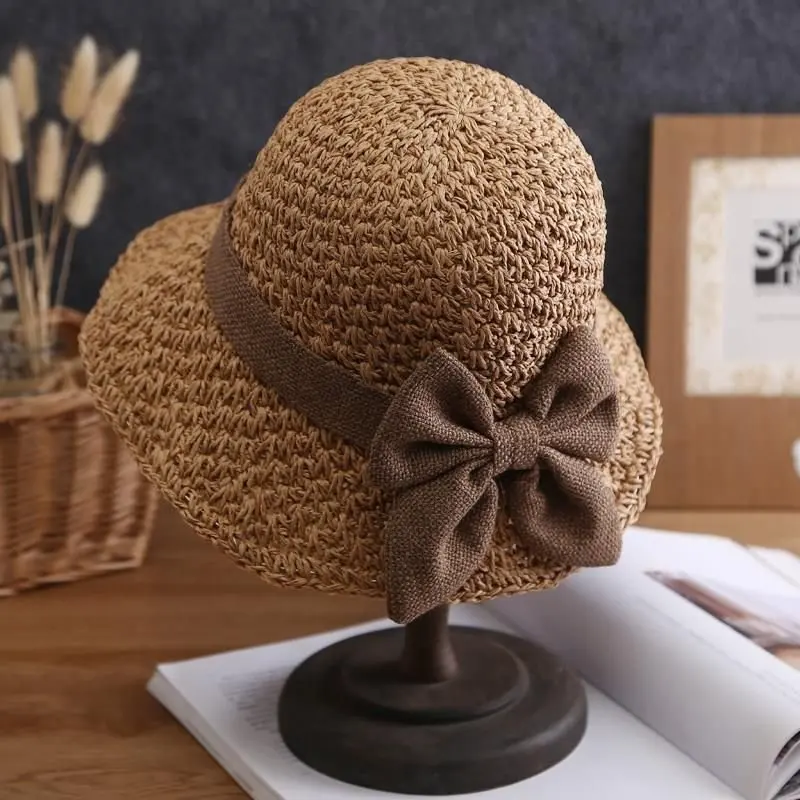 Hat Female Summer Little Fresh Sun Hat Straw Hat Small Brim Bucket Hat Minimalist Bowknot Japanese Style All-Matching Sun Hat