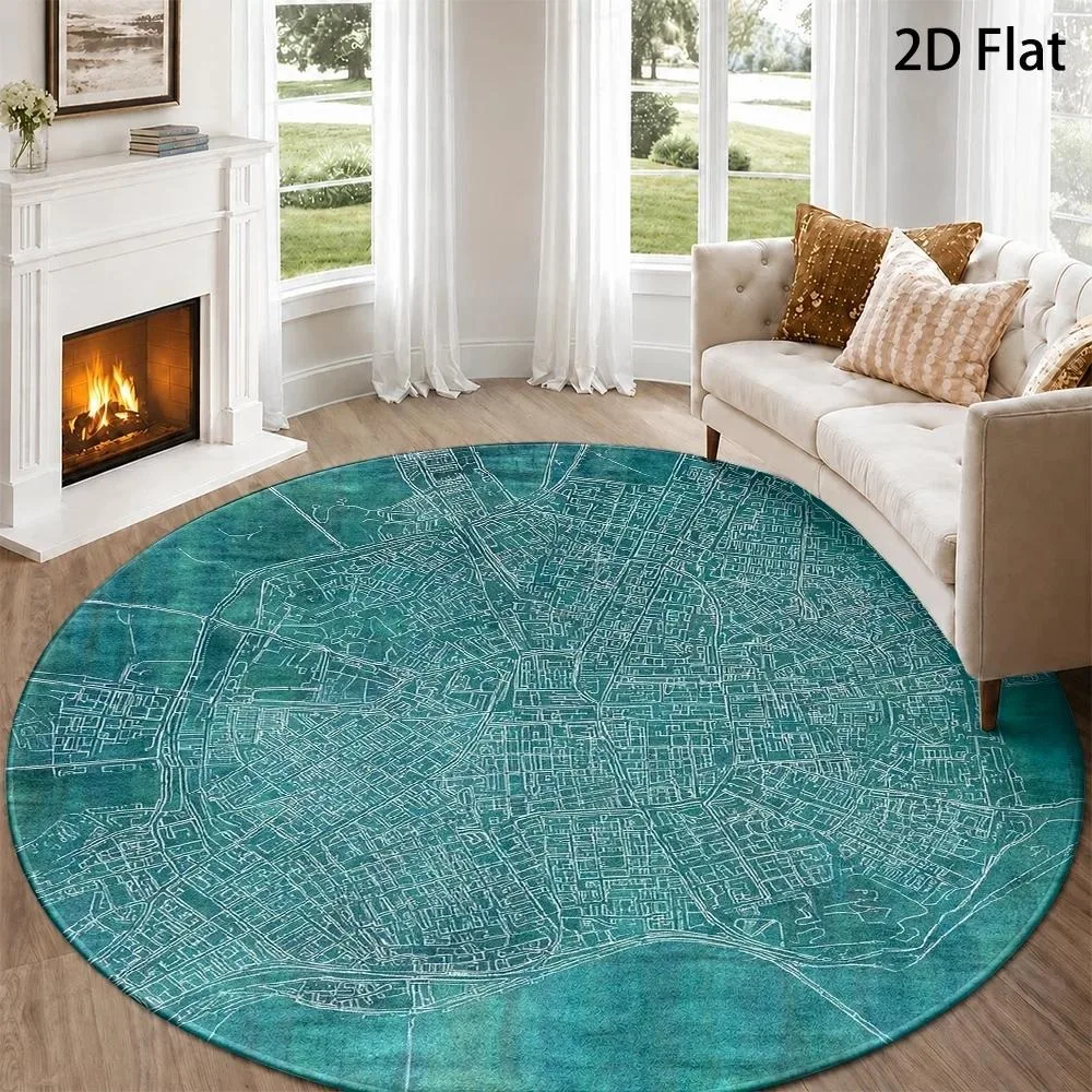 Modern Teal City Map Round Carpet White Line Urban Street Blueprint Textured Print Circular Floor Rug for Living Room Bedroom