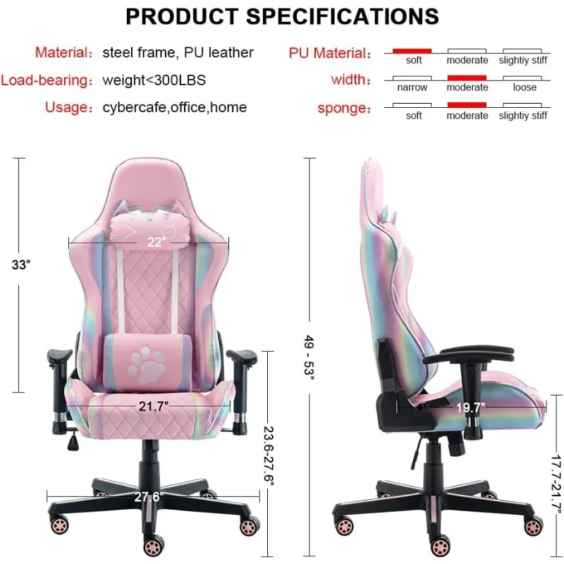 Gaming Chair with Cute Cat Headrest and Lumbar Support Ergonomic Comfortable Computer Desk Chair for Adults and Kids, Rainbow