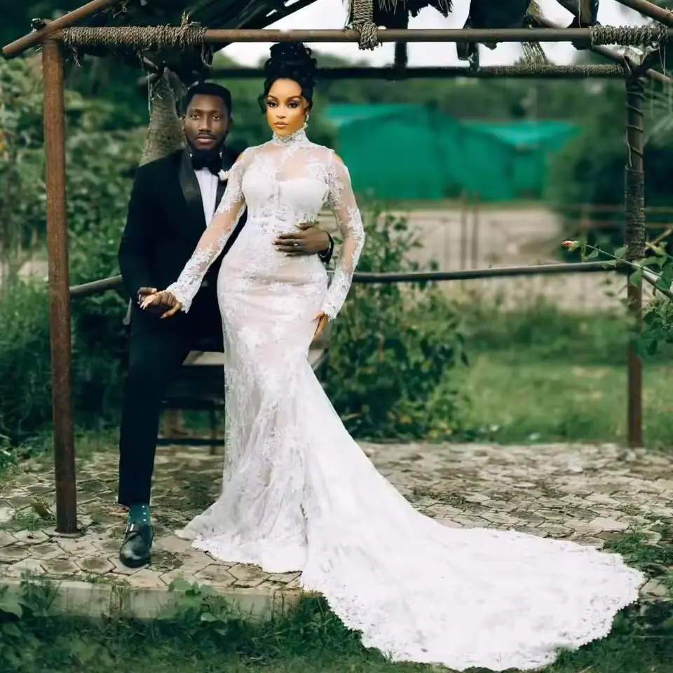 

Кружевное свадебное платье русалки с высоким воротом на заказ, свадебное платье с прозрачным вырезом и кружевной аппликацией, свадебное платье больших размеров