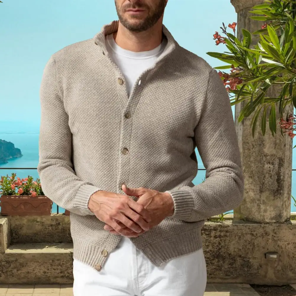 Cardigan de malha masculino com gola alta, botões de peito único, casaco monocromático, outono, inverno