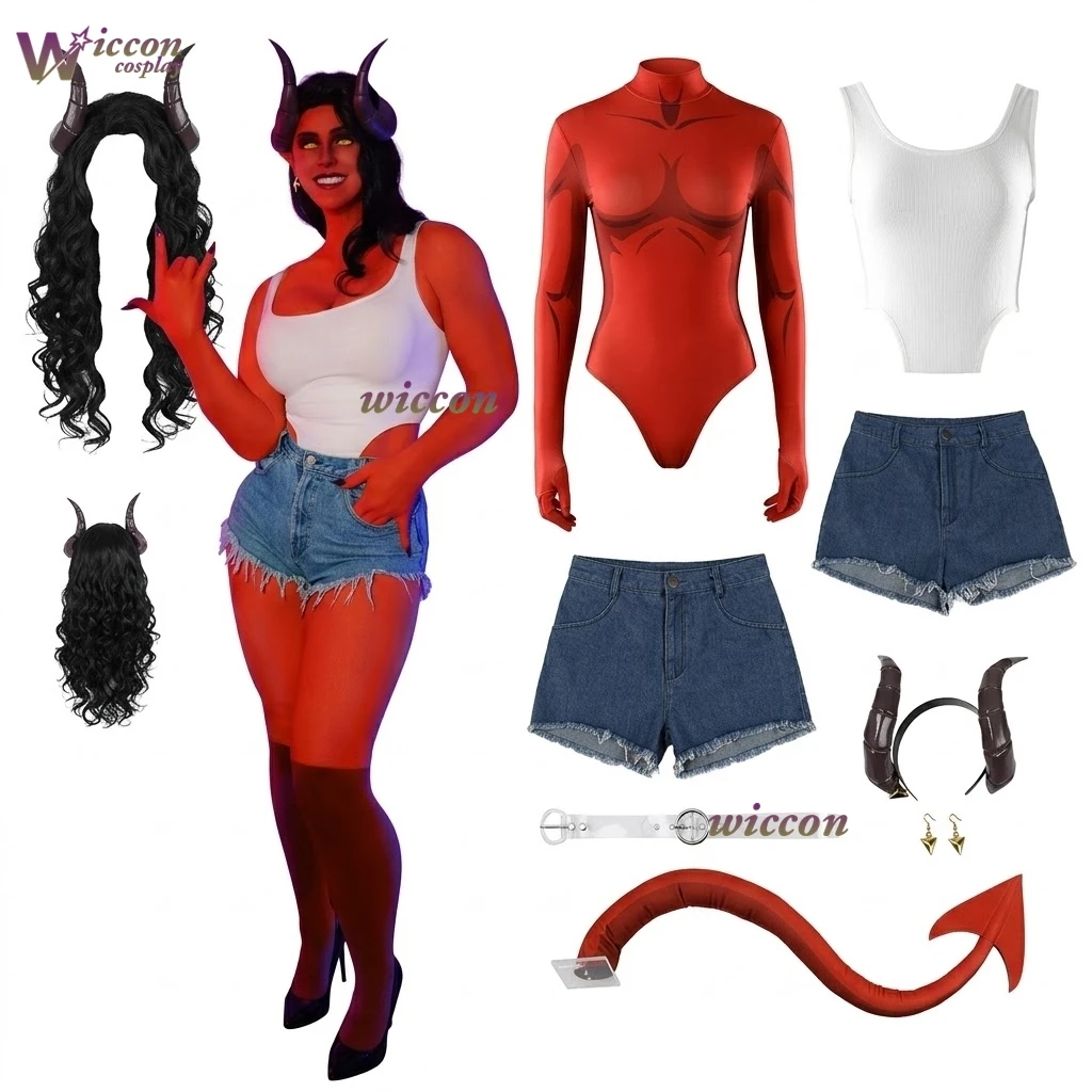 Game Dis Patch Dispatches Malevola Cosplay White Vest Costume Denim Shorts  Clothes Halloween Jumpsuit Outfits Uniforms Fullset