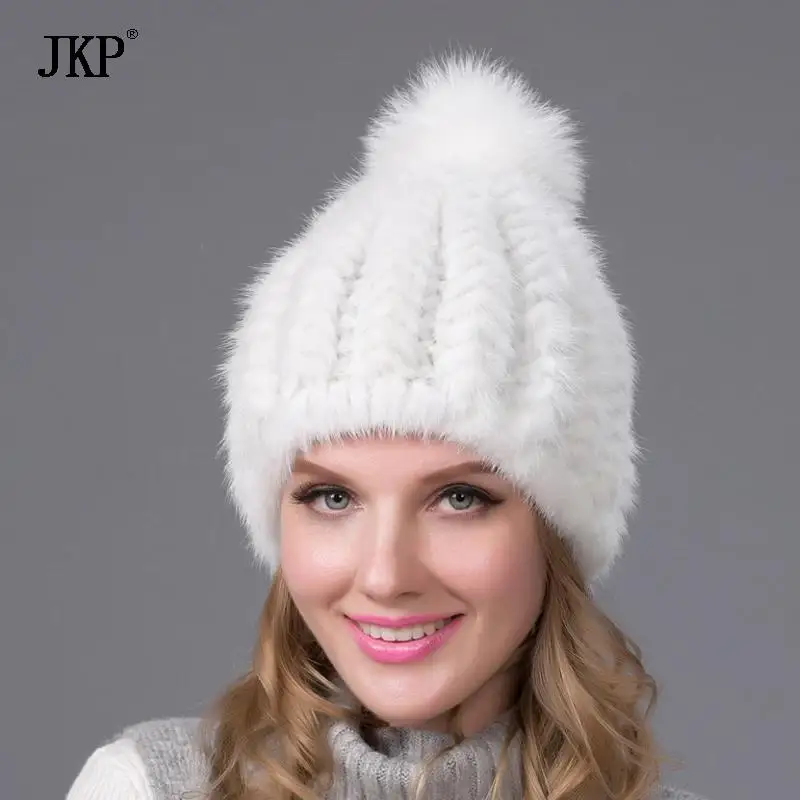 2024 New Fashion Winter Warm Hat Genuine Mink Fur Ball Cap With Copious Female Beanie Knit Cap and Liner 6 Colors BZ-11