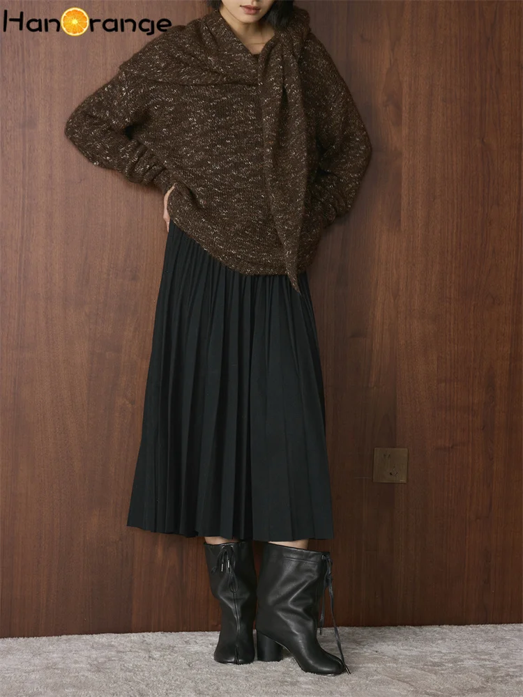 Rok Panjang Wanita HanOrange 2025 Musim Dingin Retro High Waist Model Lipit Longgar A-line Hitam/Abu-abu Tua/Cokelat