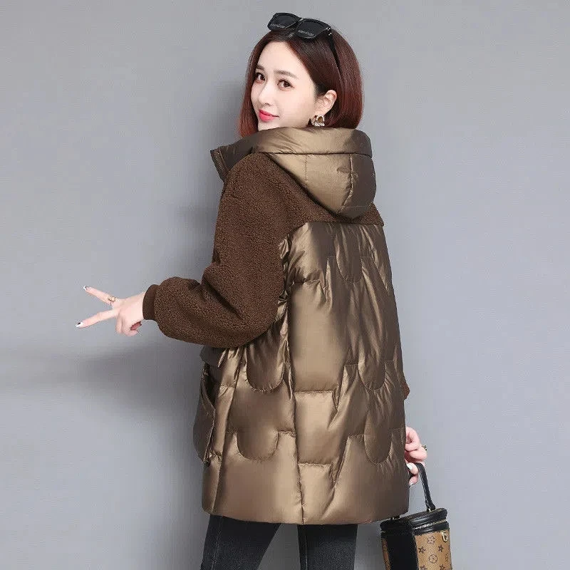 Winter Stitching Faux Lamb Wool Jacket Women\'s 4XL Fashion New Thicken Cotton Hooded Coat Mid-length Warm Female Parkas Outwear